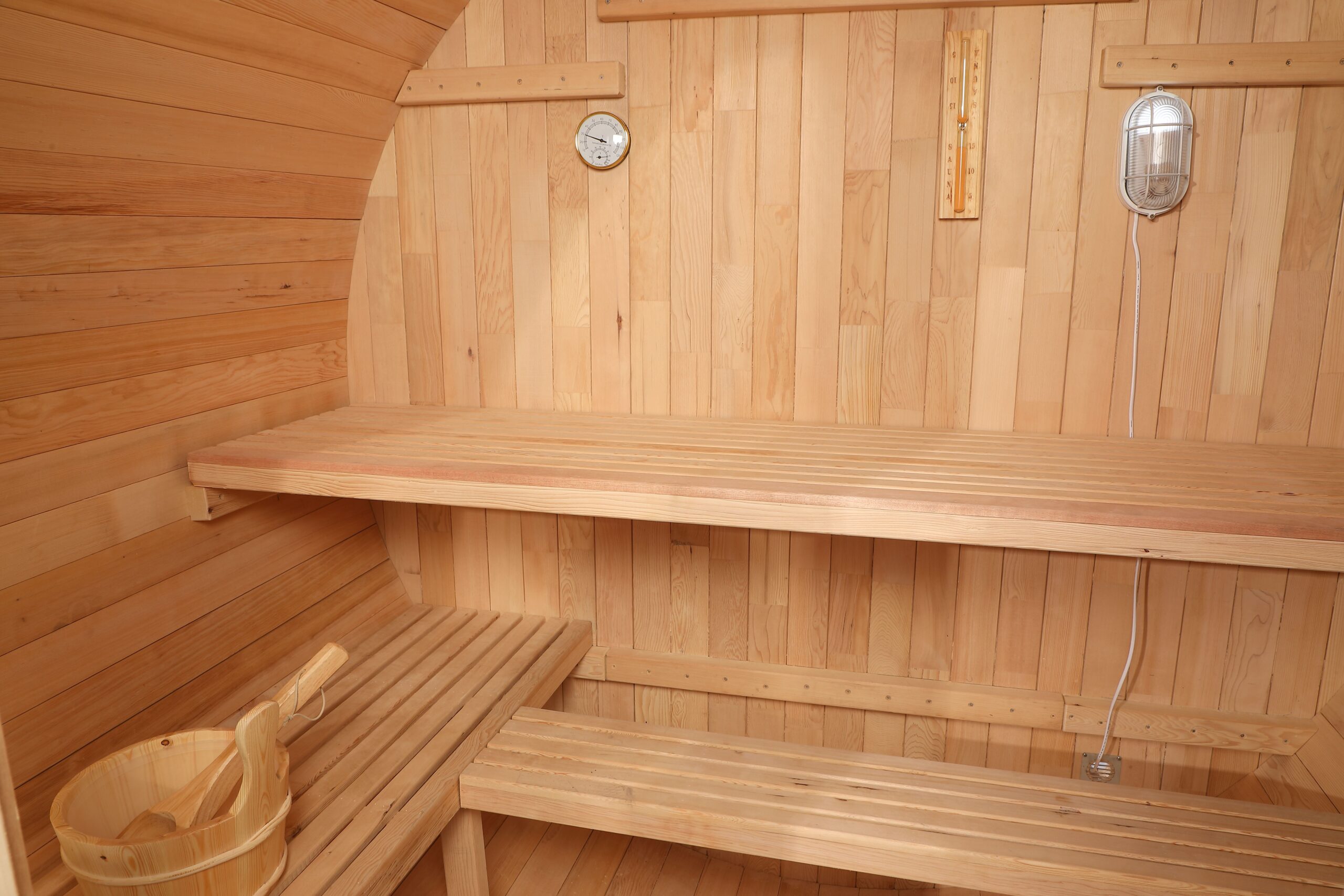 Full-Panorama Cedar Barrel Sauna with Interior Detail Set CSA-874 reference view 2