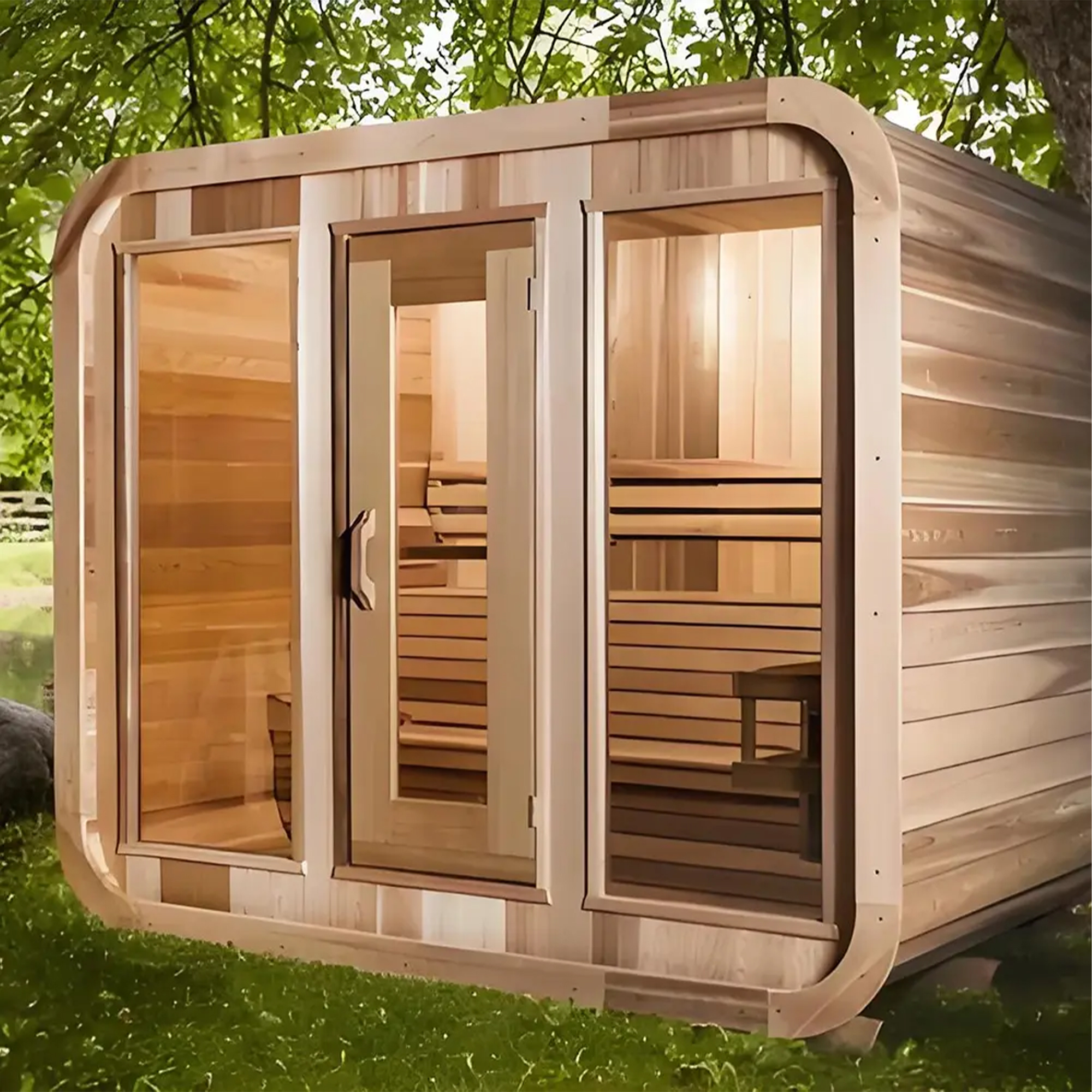 Rounded Outdoor Sauna Cabin with Front Glass Entry product image