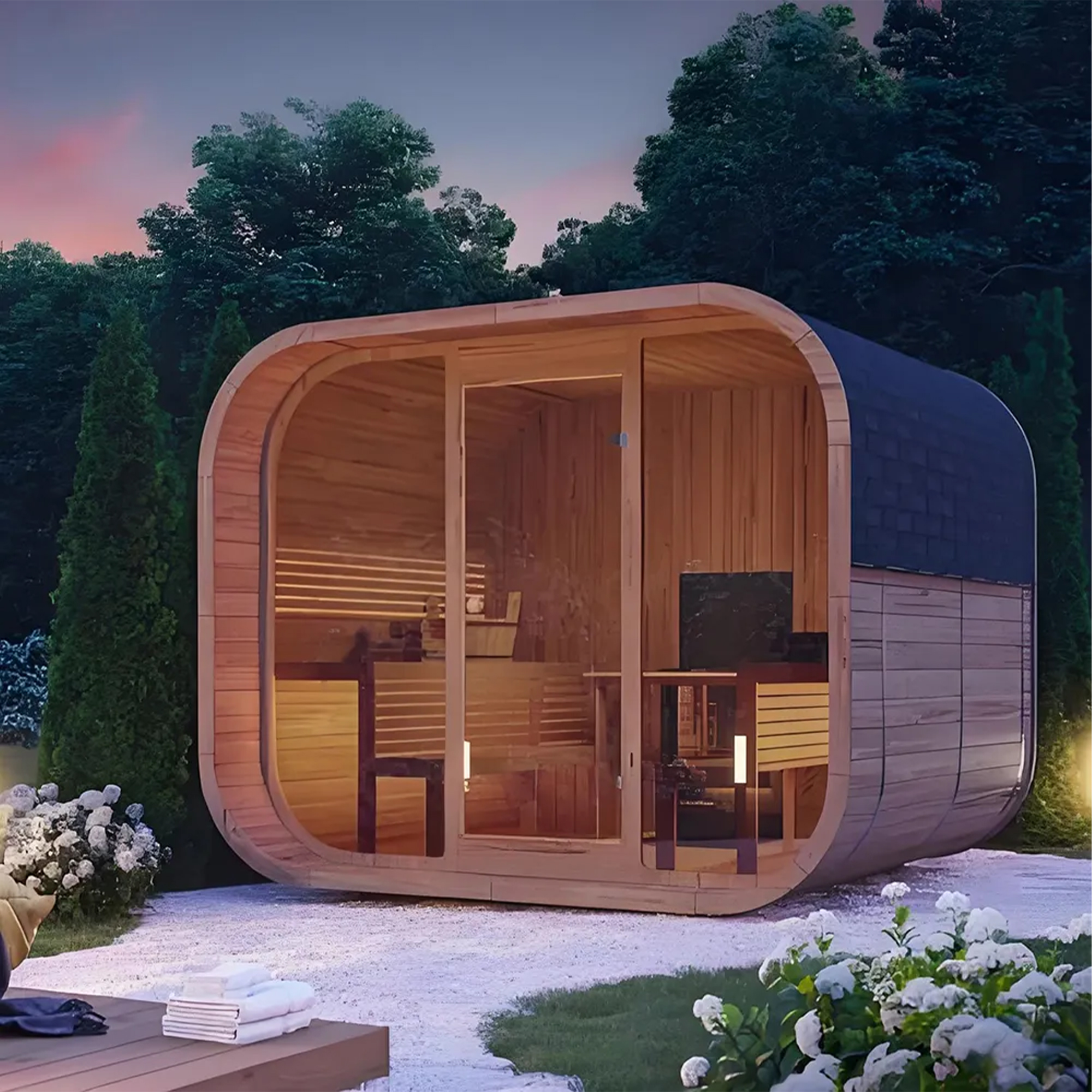 Rounded Outdoor Sauna Cabin with Front Glass Entry CSA-880 reference view 3