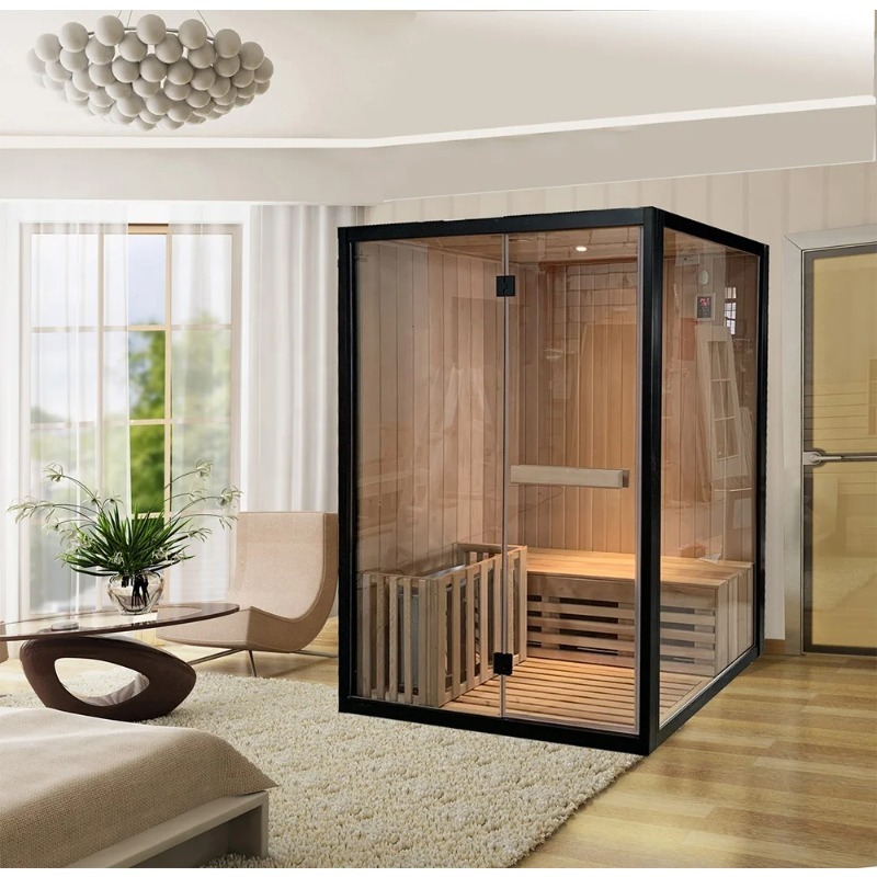 Black-Frame Indoor Sauna with Full Glass Door product image
