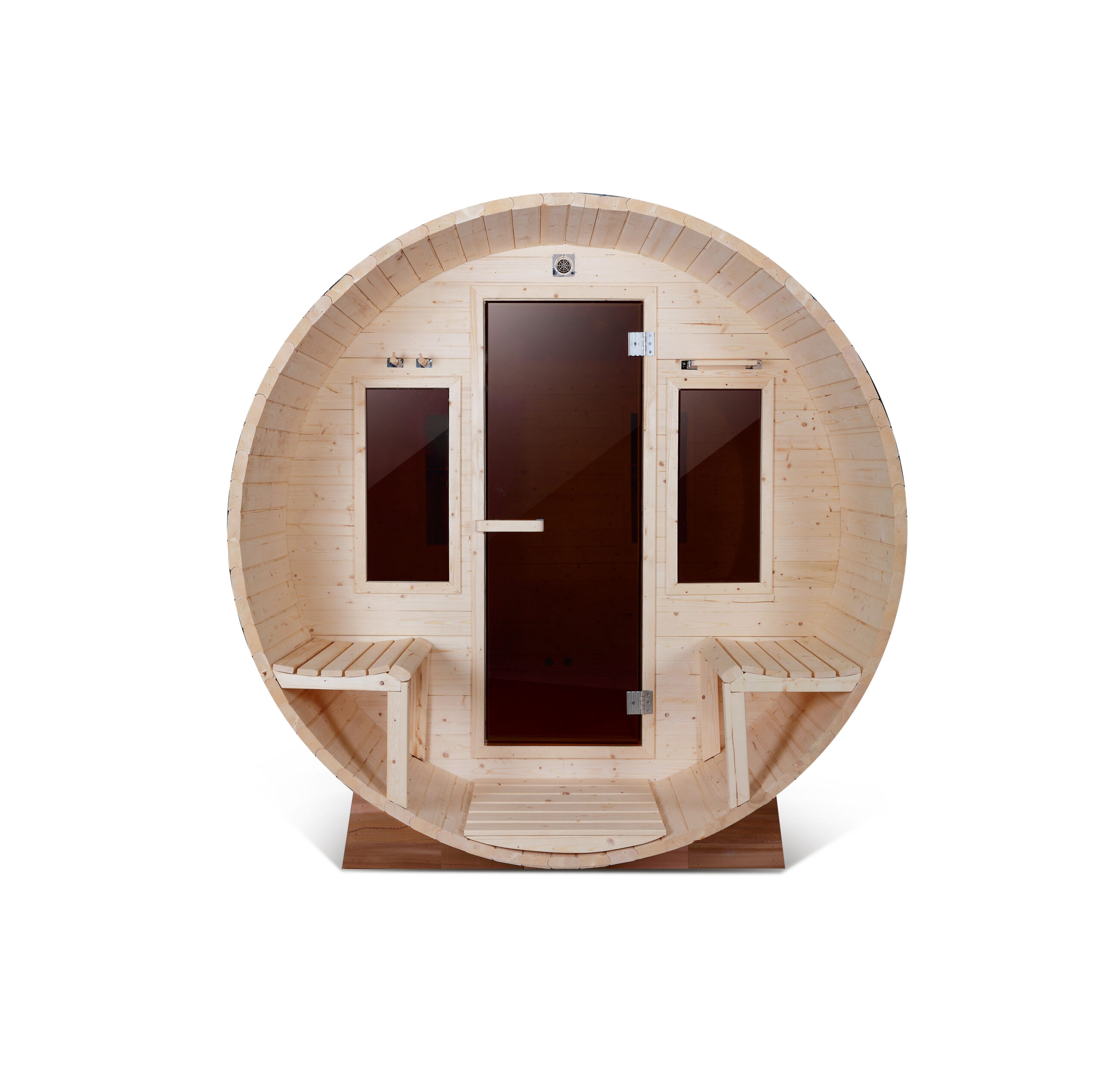 Round-Front Barrel Sauna with Twin Porch Benches product image