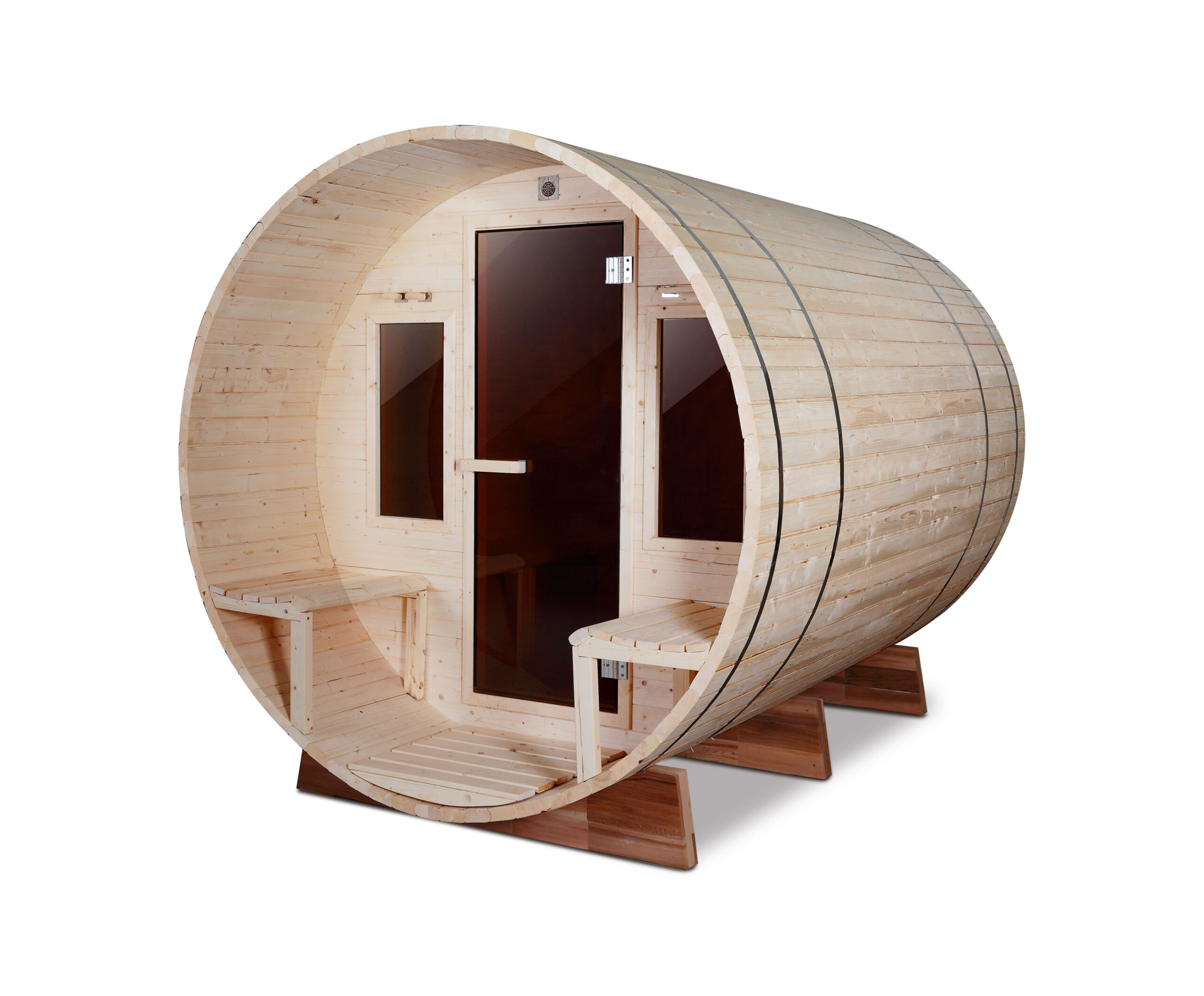 Round-Front Barrel Sauna with Twin Porch Benches CSA-902 reference view 2