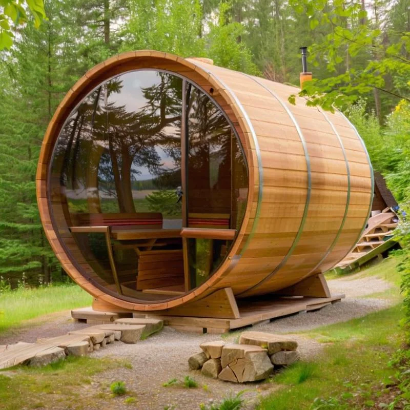 Round Cedar Sauna with Full-Glass End Wall product image