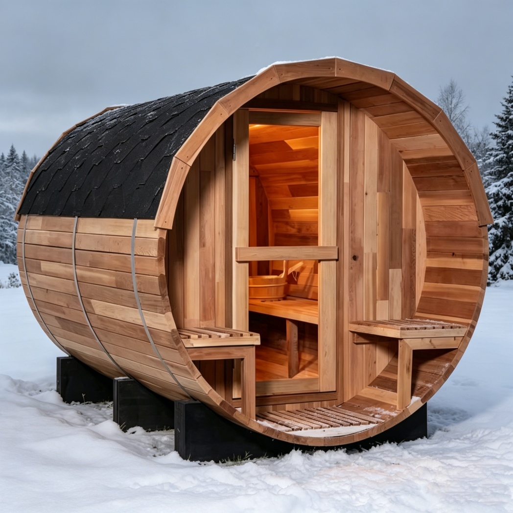 Faceted Barrel Sauna with Paired Entry Benches product image