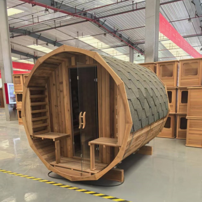 Faceted Barrel Sauna with Paired Entry Benches CSA-907 reference view 3