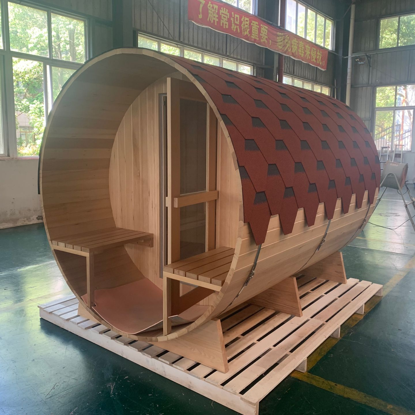 Light Timber Barrel Sauna with Extended Front Deck product image