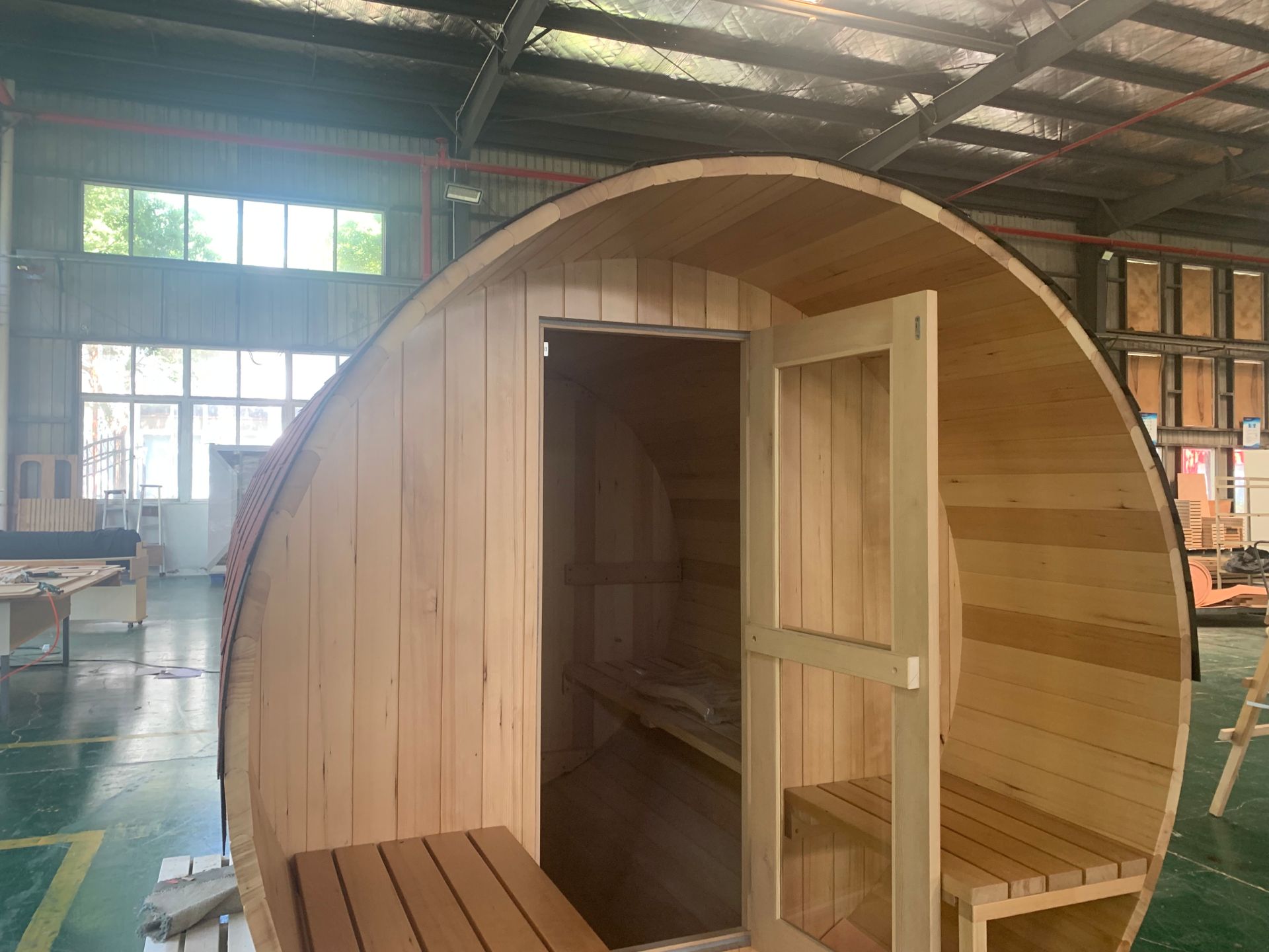 Light Timber Barrel Sauna with Extended Front Deck CSA-908 reference view 3