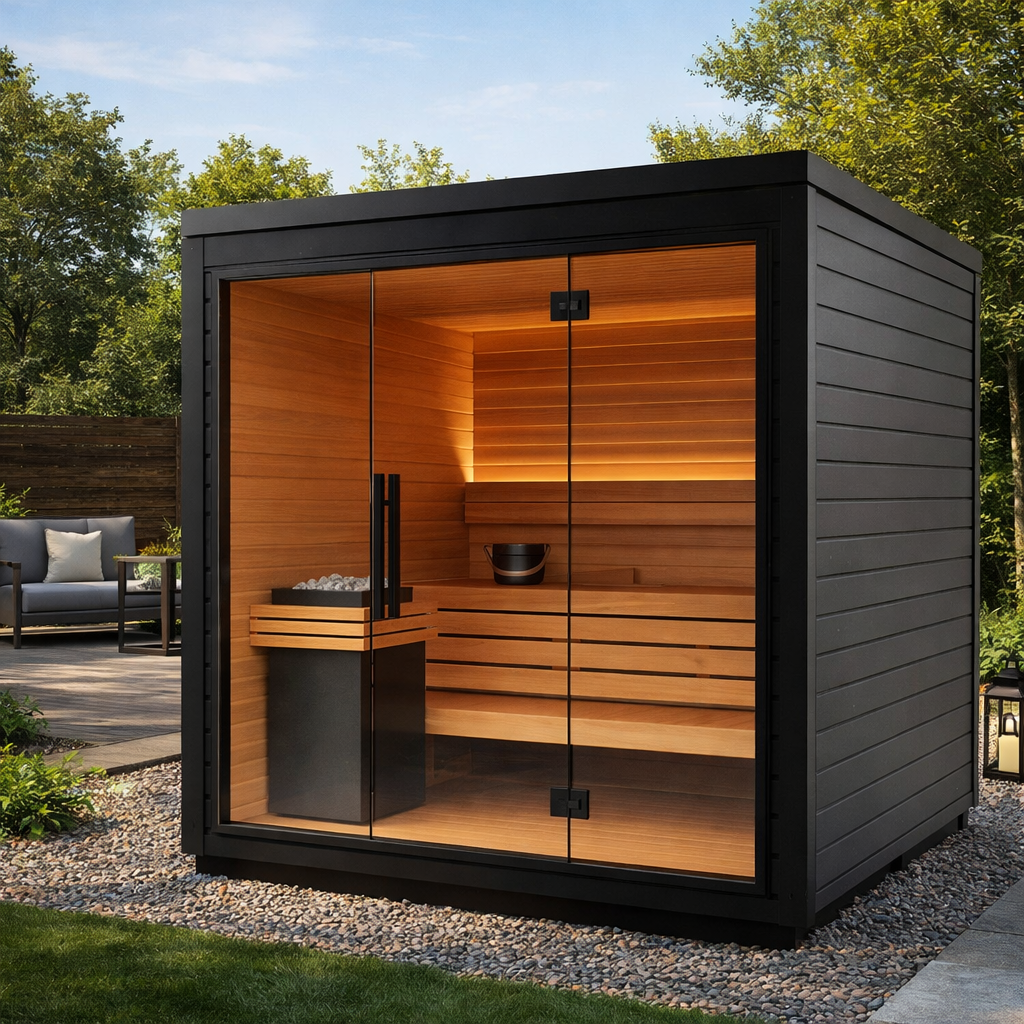 Black Square Outdoor Sauna with Double Glass Doors product image