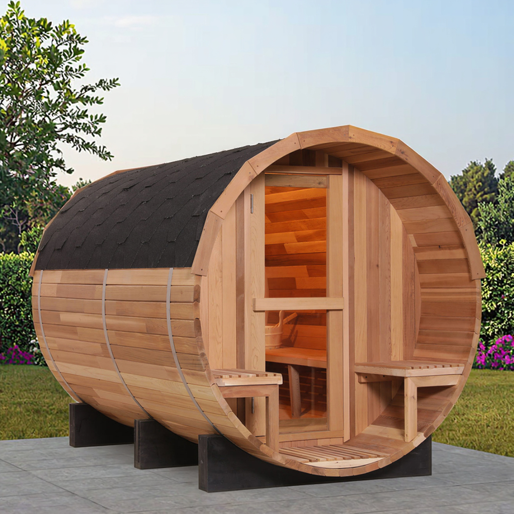 Roofed Six-Person Barrel Sauna with Porch Seats product image