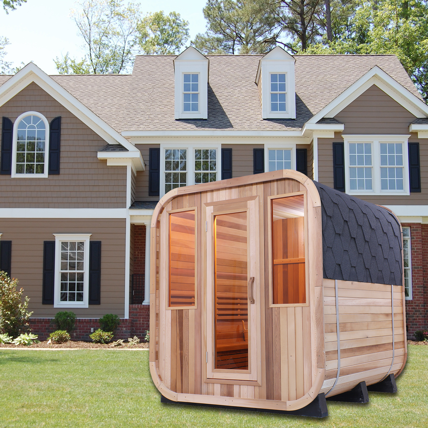 Curved-Shingle Outdoor Sauna with Paired Front Windows CSA-925 reference view 4