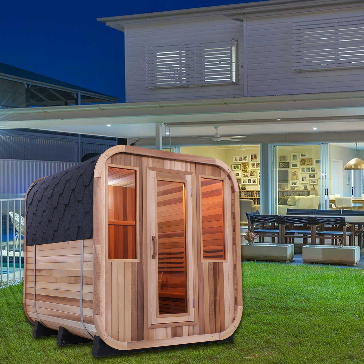 Curved-Shingle Outdoor Sauna with Paired Front Windows CSA-925 reference view 5