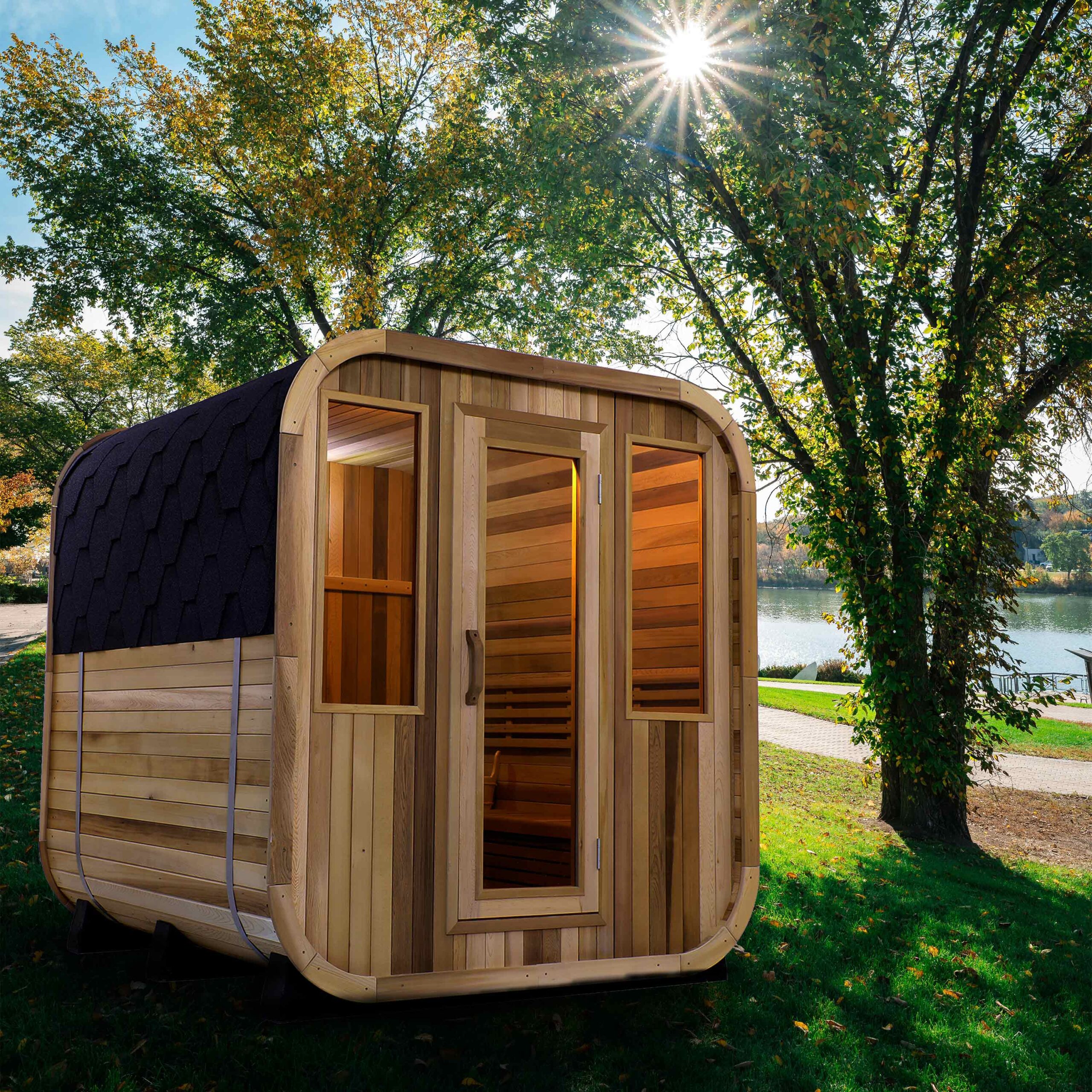 Curved-Shingle Outdoor Sauna with Paired Front Windows CSA-925 reference view 6