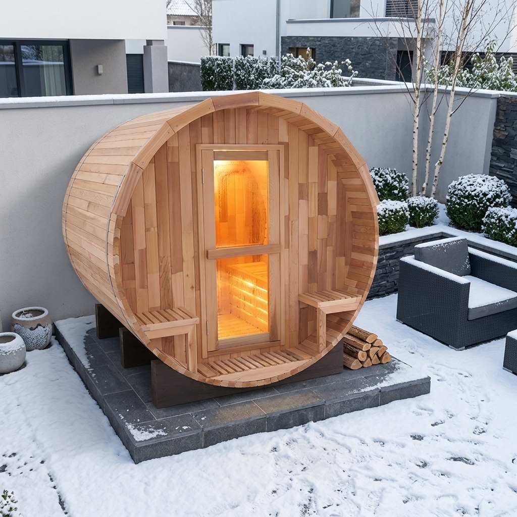 Round Barrel Sauna with Twin Porch Seats product image