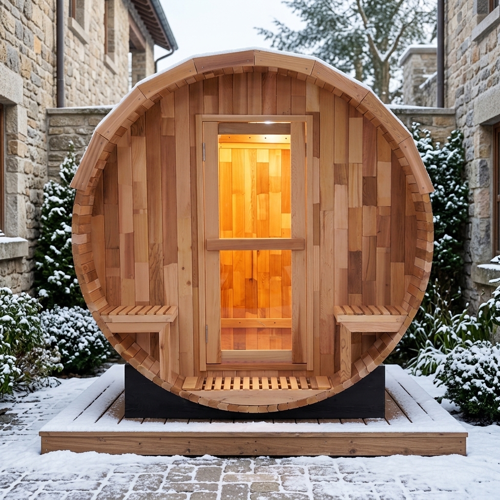Round Barrel Sauna with Twin Porch Seats CSA-929 reference view 2