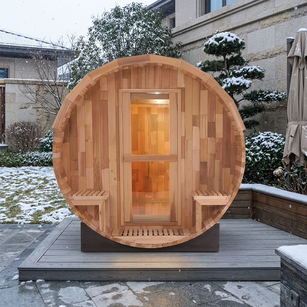 Round Barrel Sauna with Twin Porch Seats CSA-929 reference view 3