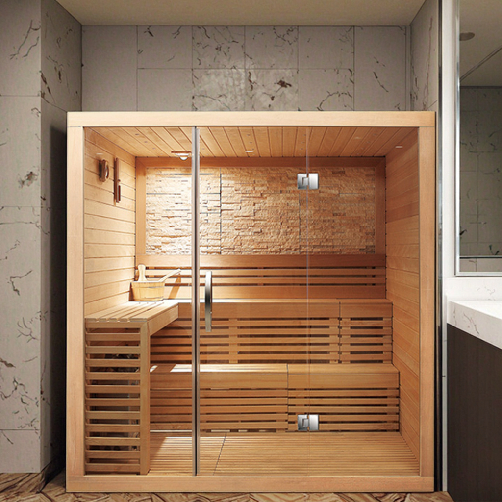 Glass-Front Indoor Sauna with Salt-Wall Panel product image