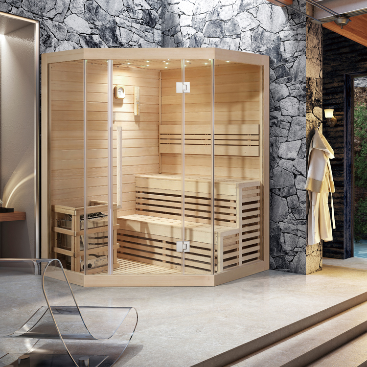 Light-Timber Corner Sauna with Tiered Bench product image