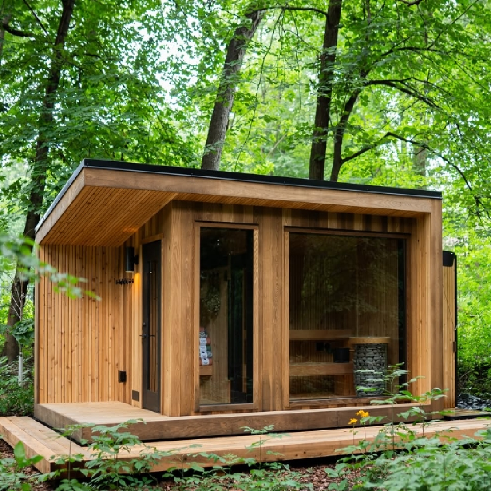 Flat-Roof Cedar Outdoor Sauna with Full-Glass Front product image