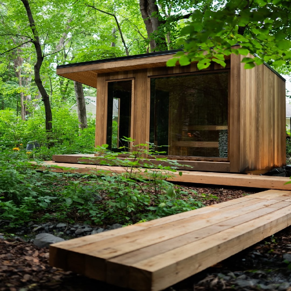 Flat-Roof Cedar Outdoor Sauna with Full-Glass Front CSA-939 reference view 3