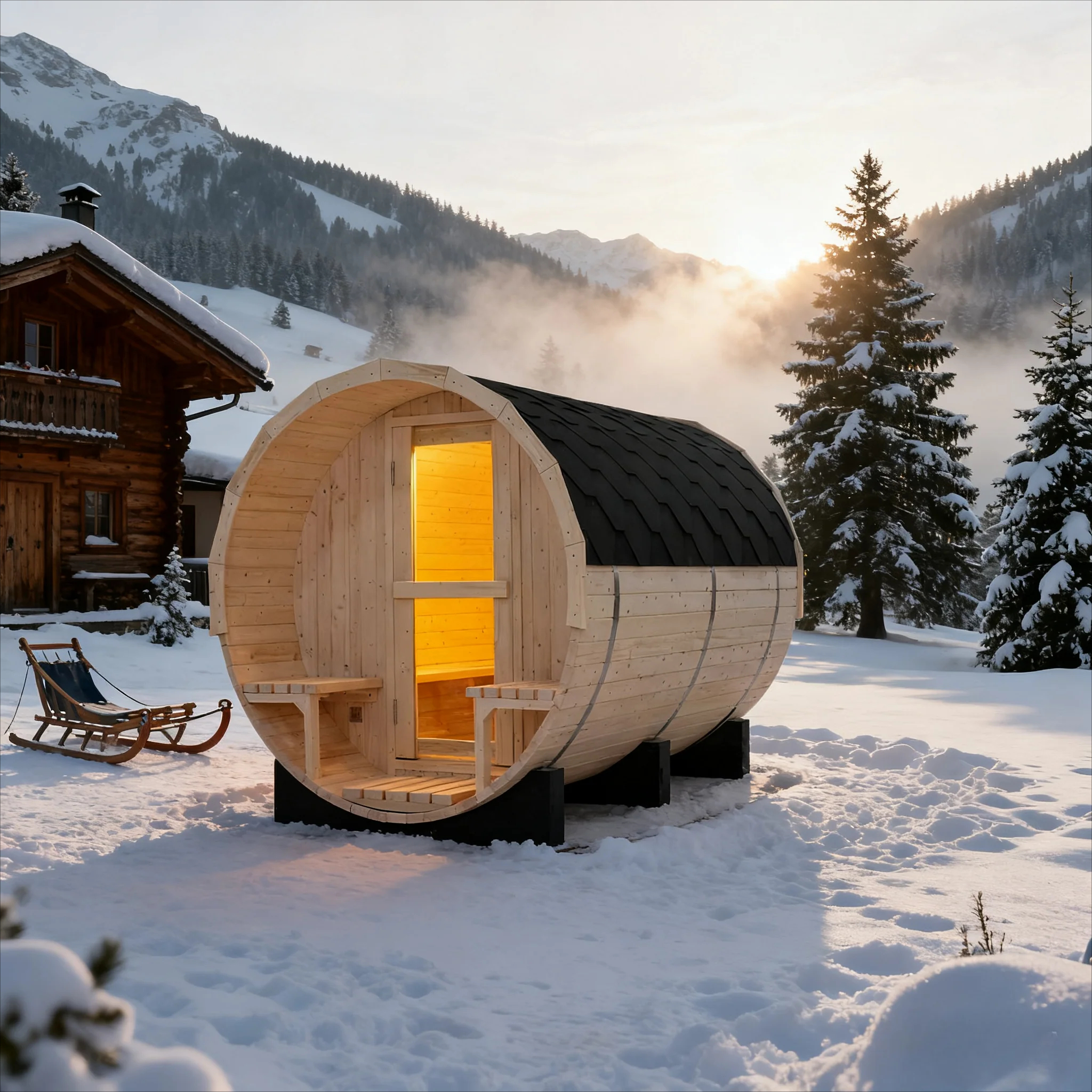 Spruce Barrel Sauna with Shingle Roof and Porch product image