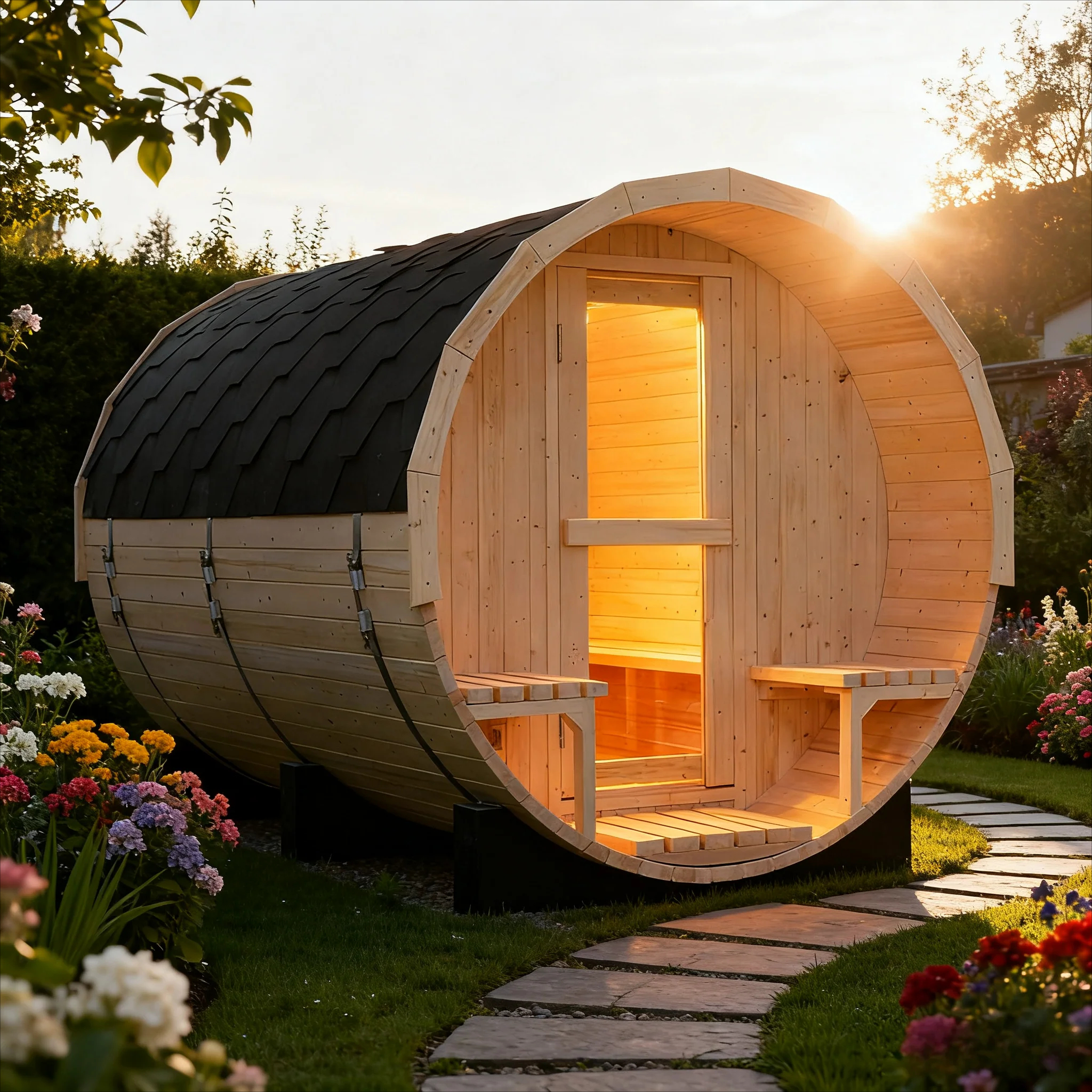 Spruce Barrel Sauna with Shingle Roof and Porch CSA-943 reference view 2