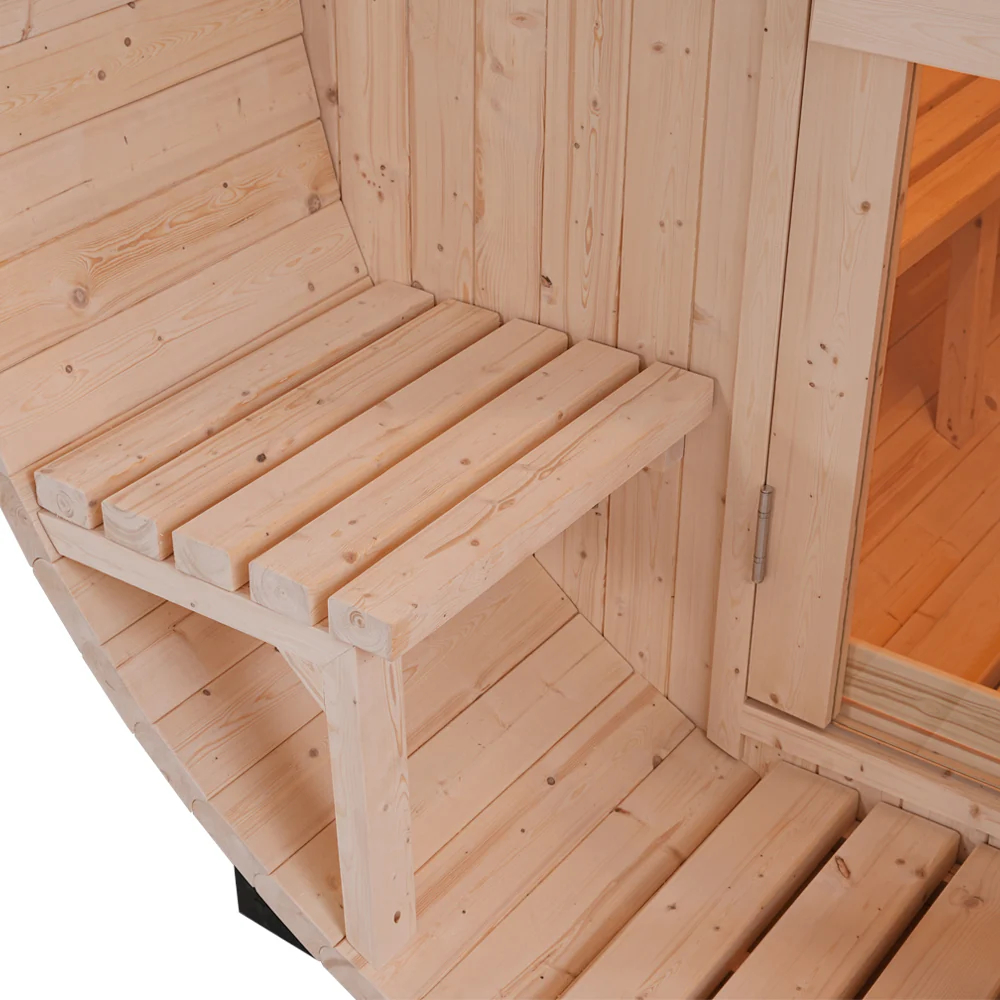 Spruce Barrel Sauna with Shingle Roof and Porch CSA-943 reference view 3