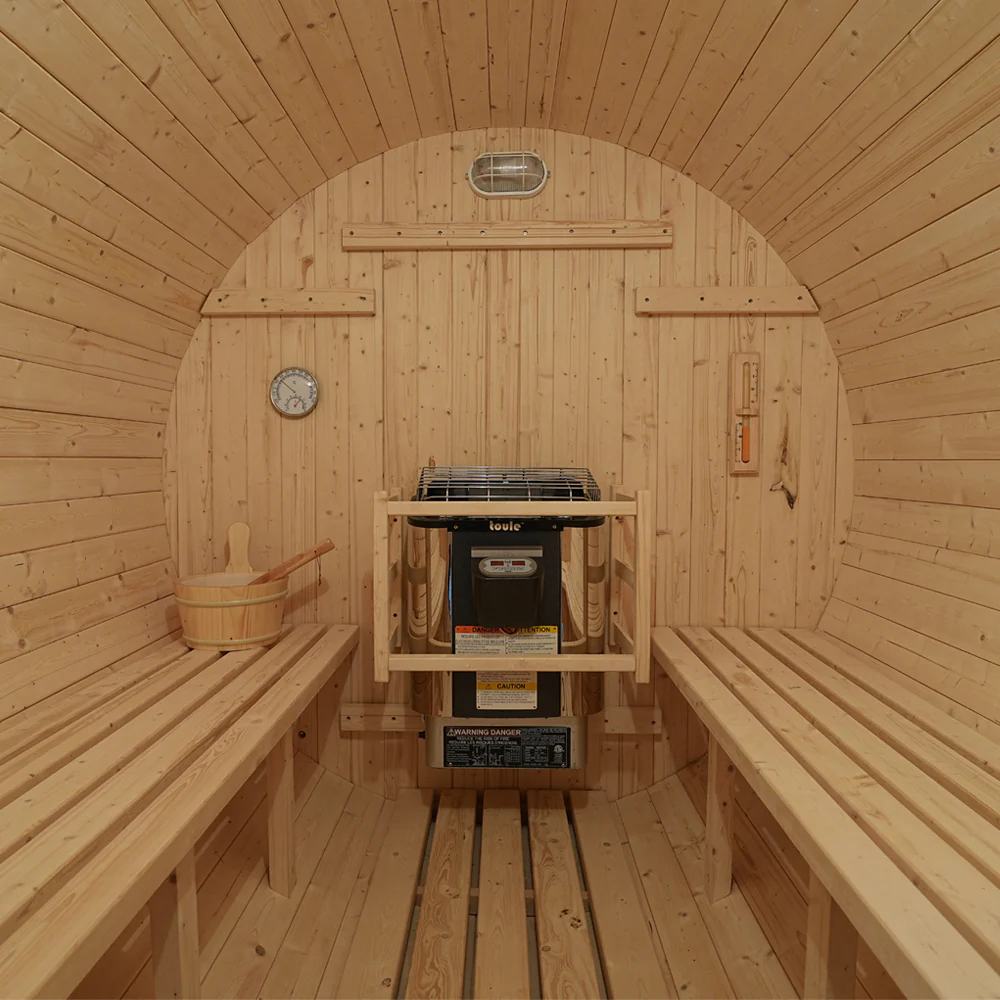 Spruce Barrel Sauna with Shingle Roof and Porch CSA-943 reference view 4