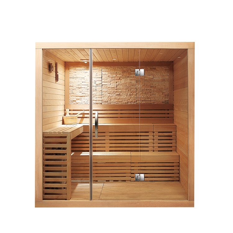 Glass-Front Indoor Sauna with Salt-Wall Accent product image