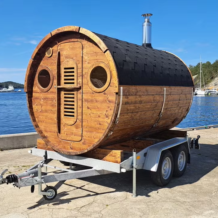 Mobile Wood-Fired Barrel Sauna Trailer with Portholes product image