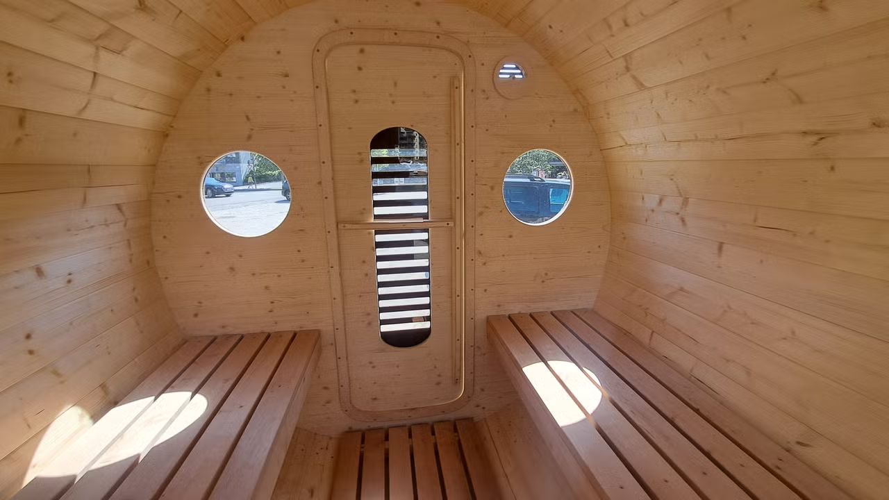 Mobile Wood-Fired Barrel Sauna Trailer with Portholes CSA-950 reference view 4
