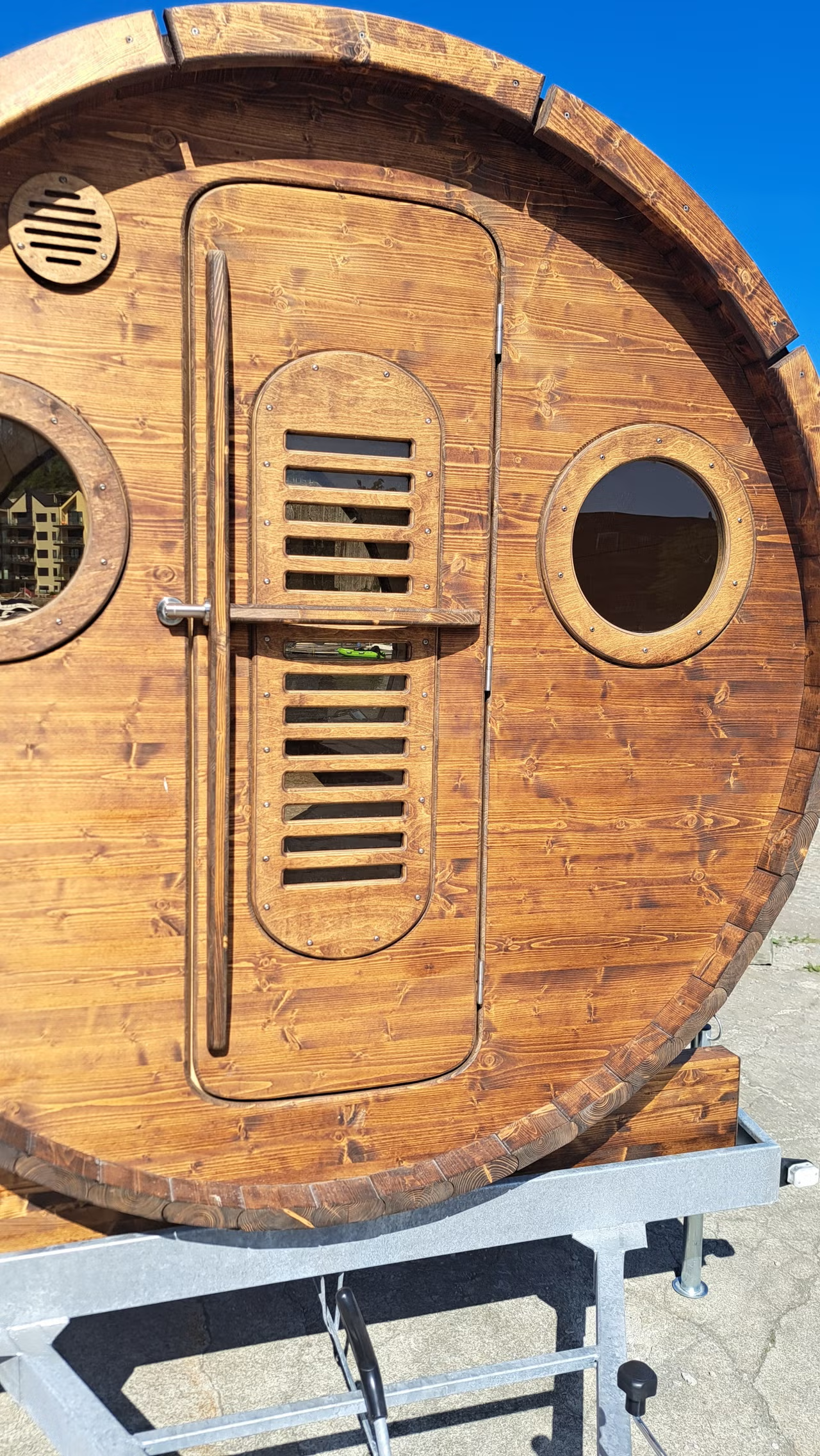 Mobile Wood-Fired Barrel Sauna Trailer with Portholes CSA-950 reference view 5