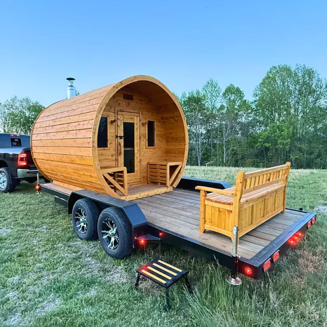 Mobile Barrel Sauna Trailer with Front Porch Deck product image