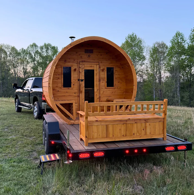 Mobile Barrel Sauna Trailer with Front Porch Deck CSA-951 reference view 2