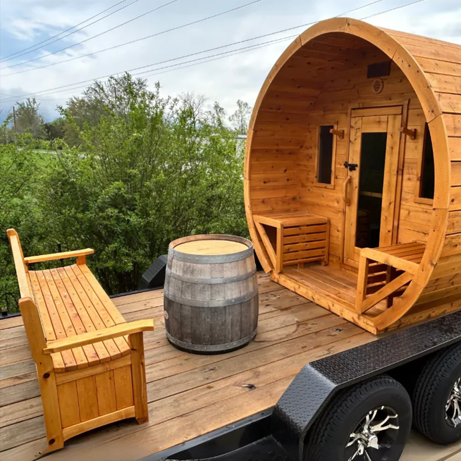 Mobile Barrel Sauna Trailer with Front Porch Deck CSA-951 reference view 4