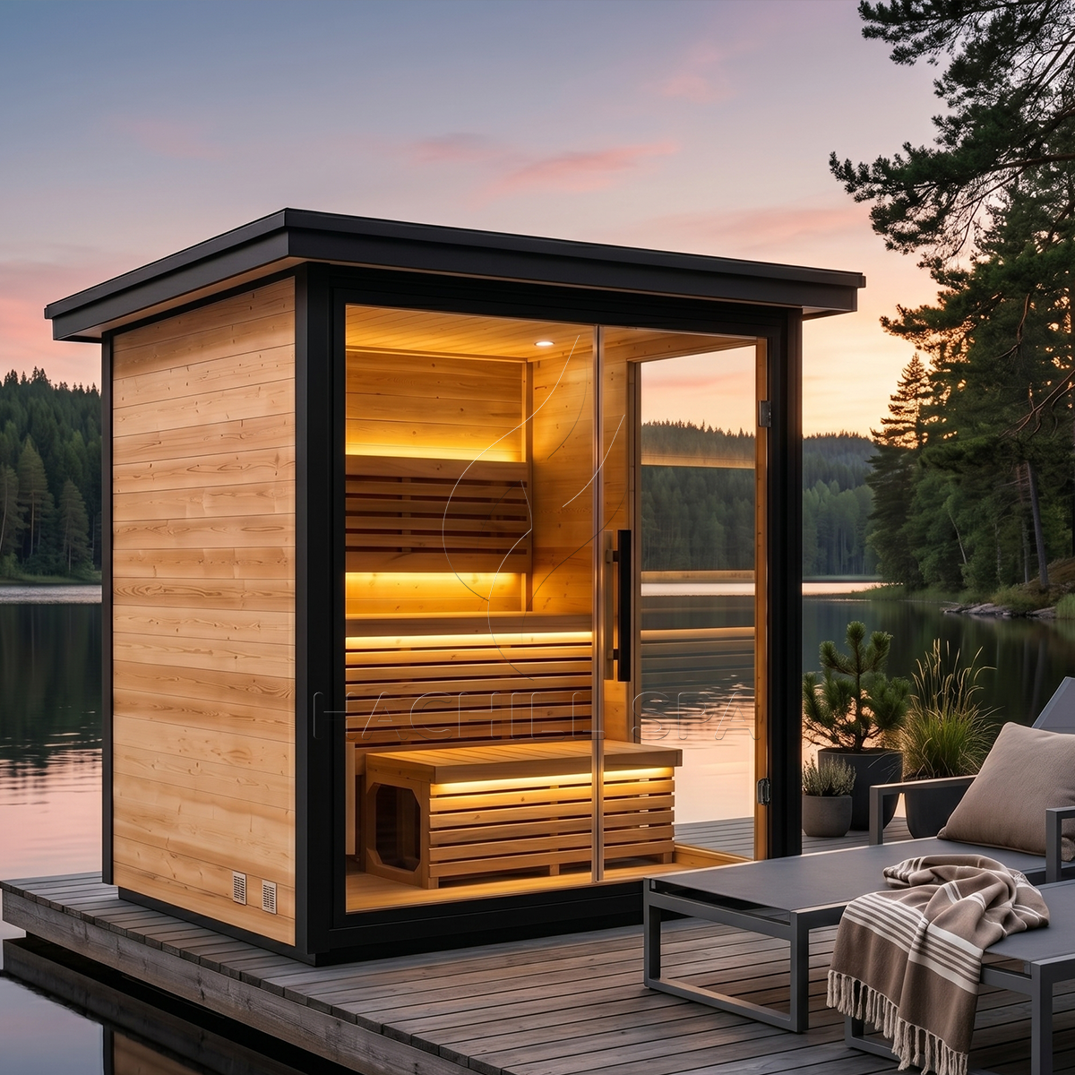 Thermowood Flat-Roof Sauna with Illuminated Tier Benches product image
