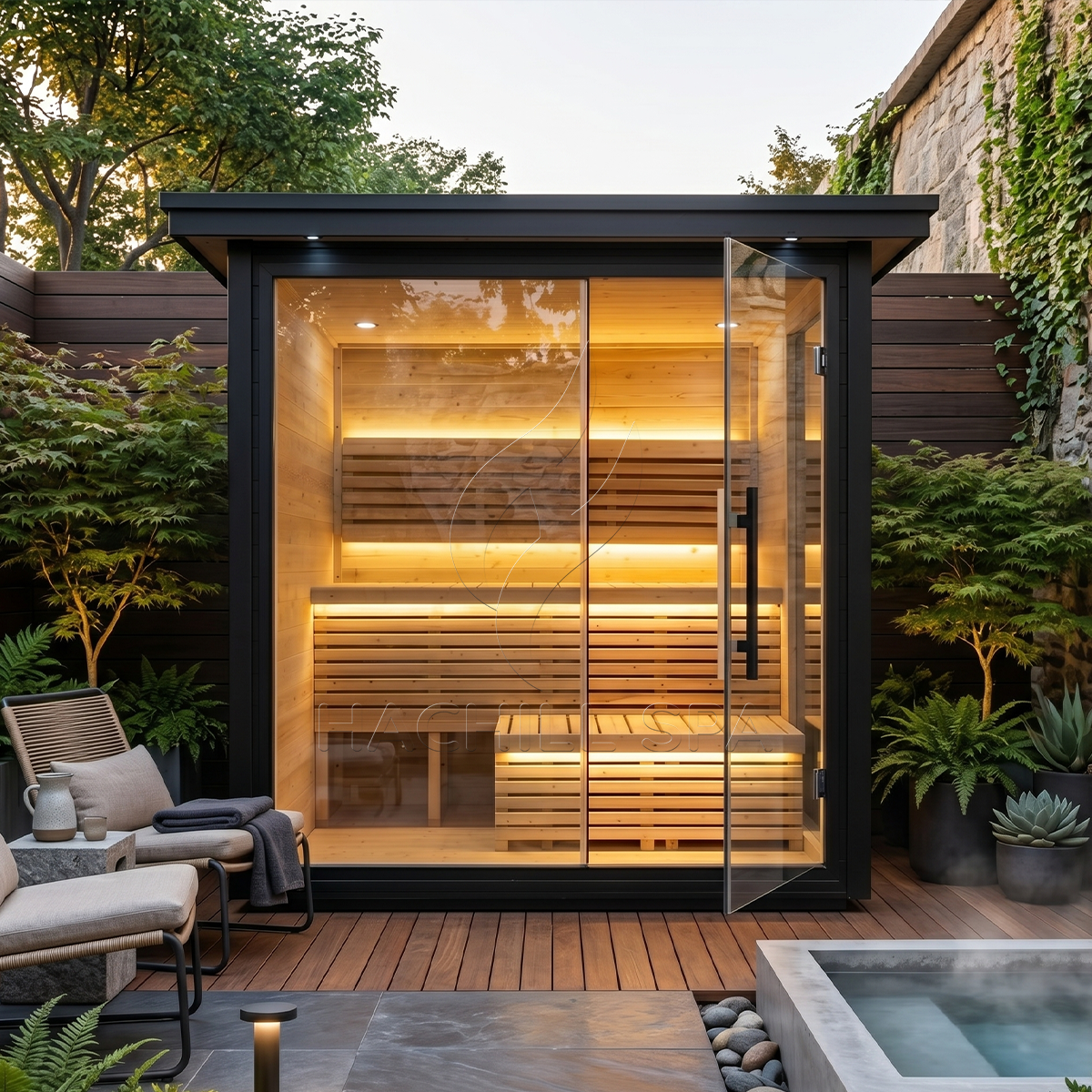 Thermowood Flat-Roof Sauna with Illuminated Tier Benches CSA-961 reference view 6