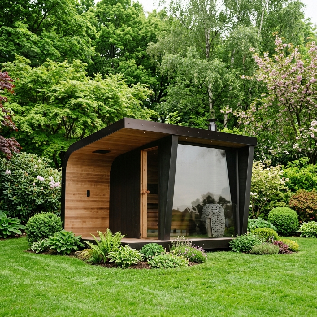 Curved-Roof Red Cedar Garden Sauna with Deep Porch CSA-962 reference view 2