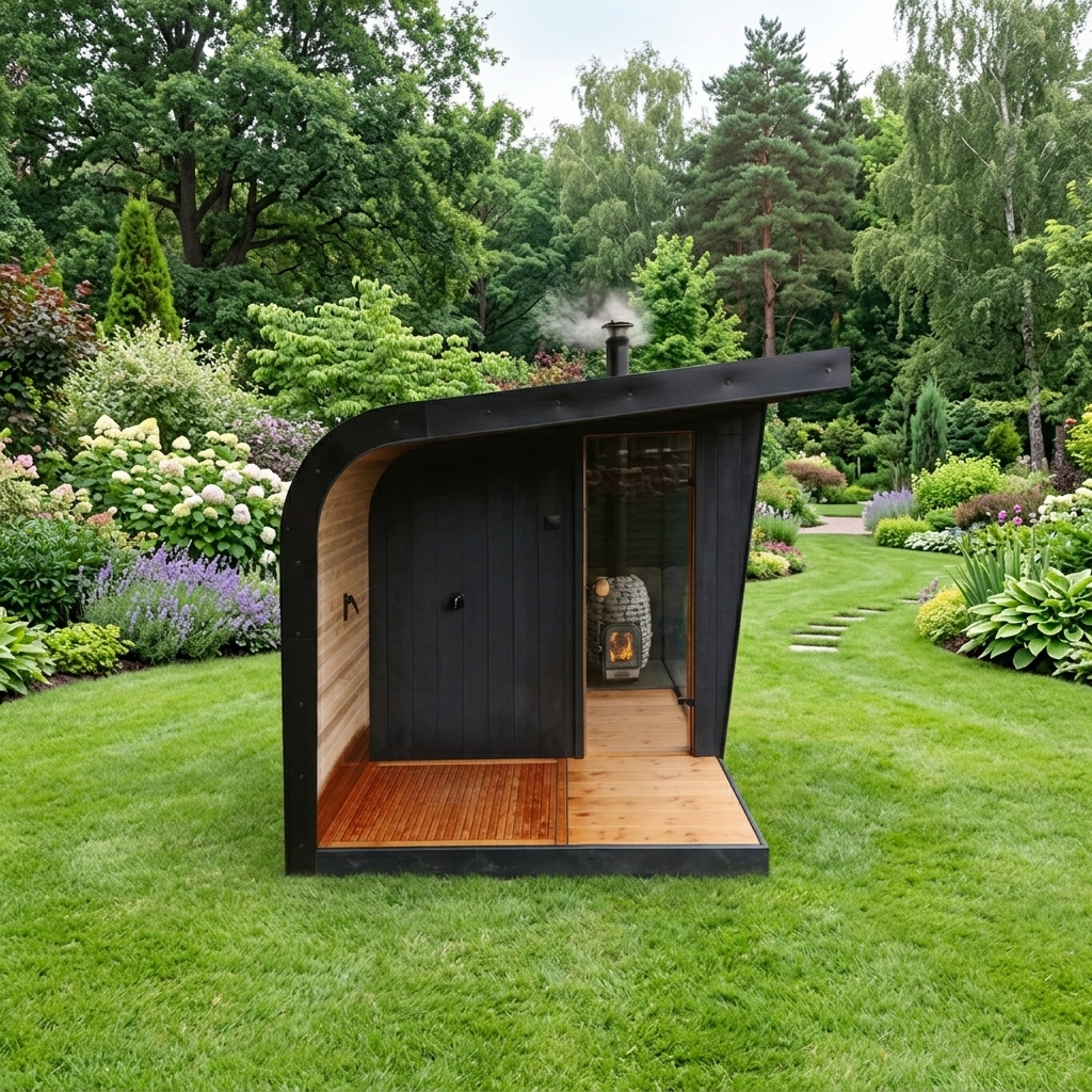 Curved-Roof Red Cedar Garden Sauna with Deep Porch CSA-962 reference view 3