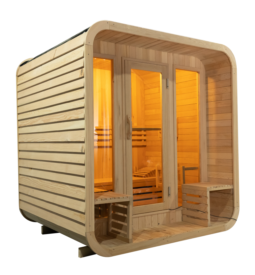 Rounded Outdoor Sauna with Porch and Configurable Rear Panel product image