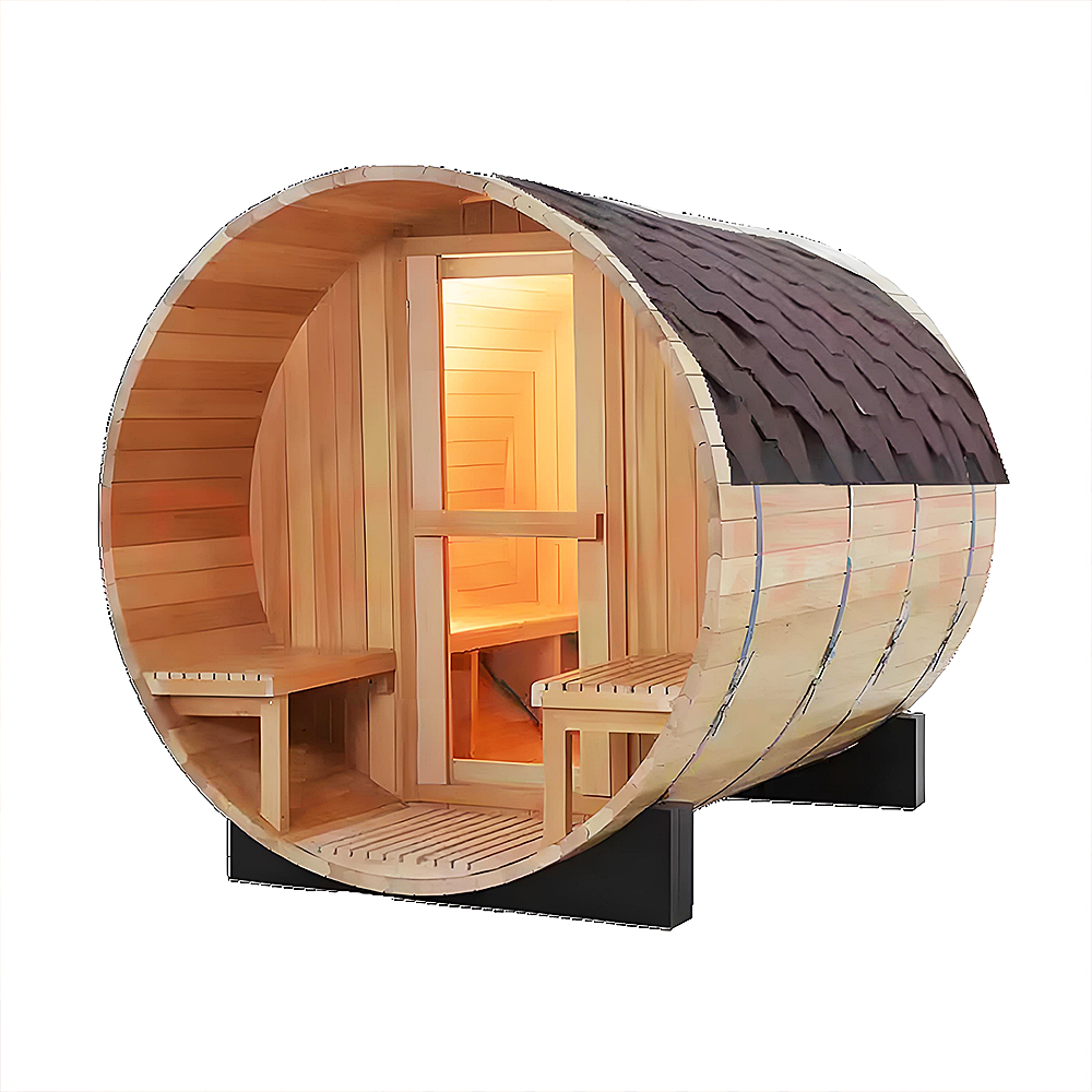 Cedar Barrel Sauna with Porch and Opposing Benches CSA-981 reference view 2