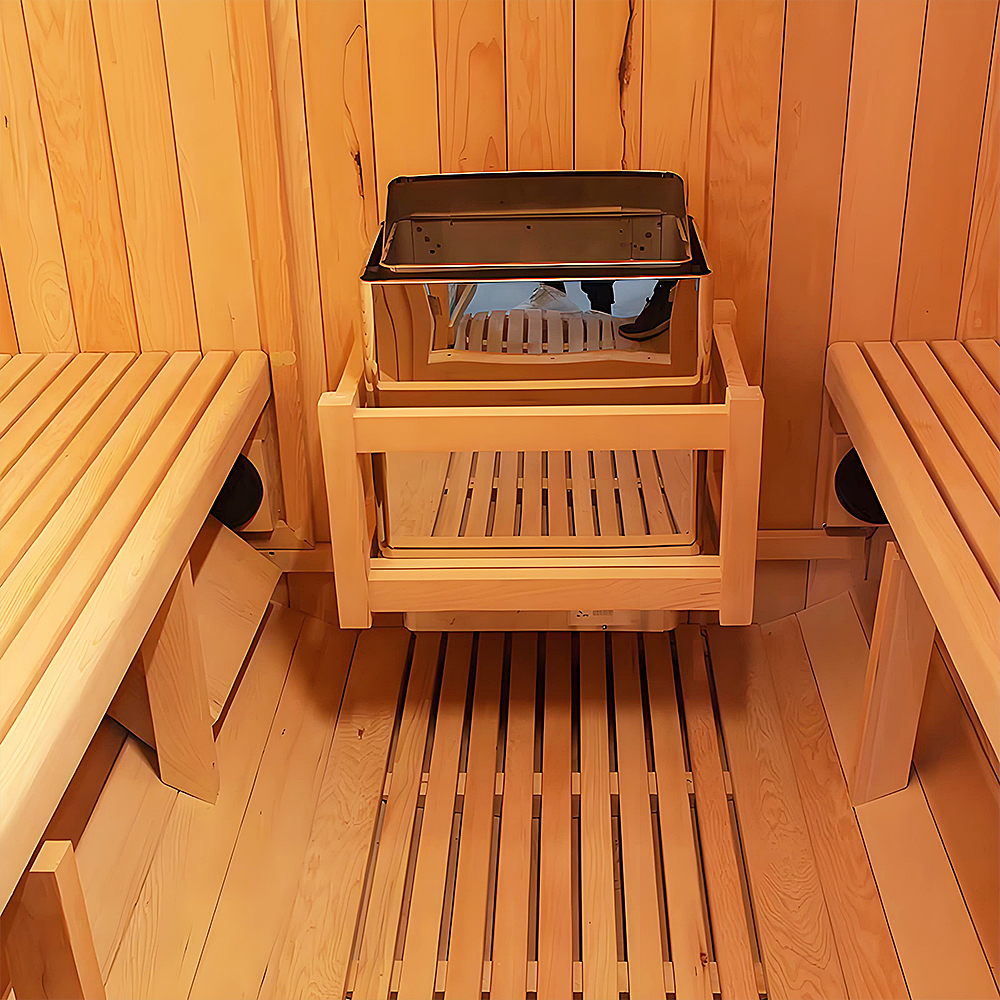 Cedar Barrel Sauna with Porch and Opposing Benches CSA-981 reference view 3