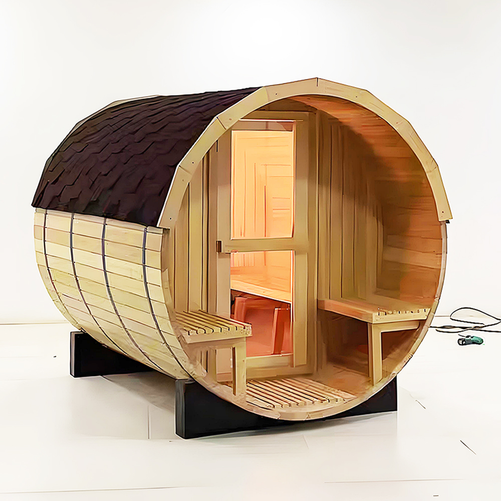 Cedar Barrel Sauna with Porch and Opposing Benches CSA-981 reference view 4