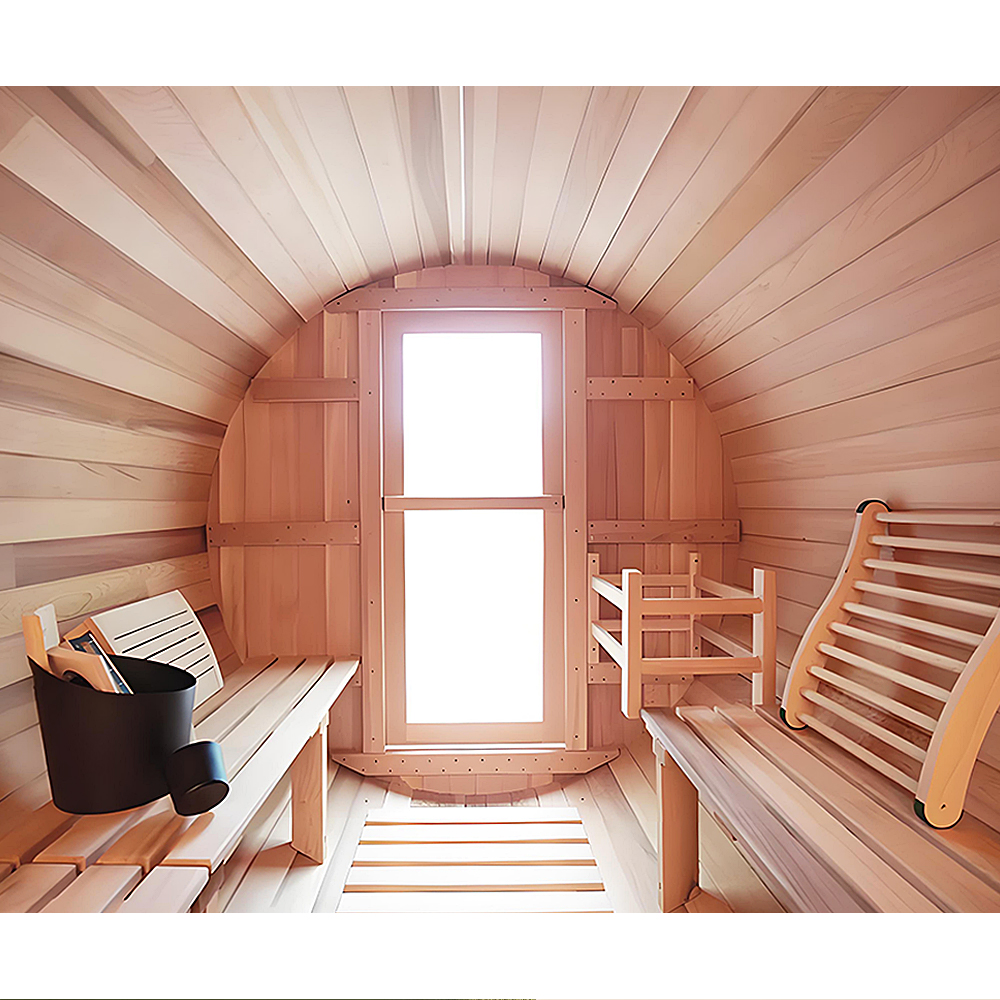 Cedar Barrel Sauna with Porch and Opposing Benches CSA-981 reference view 5