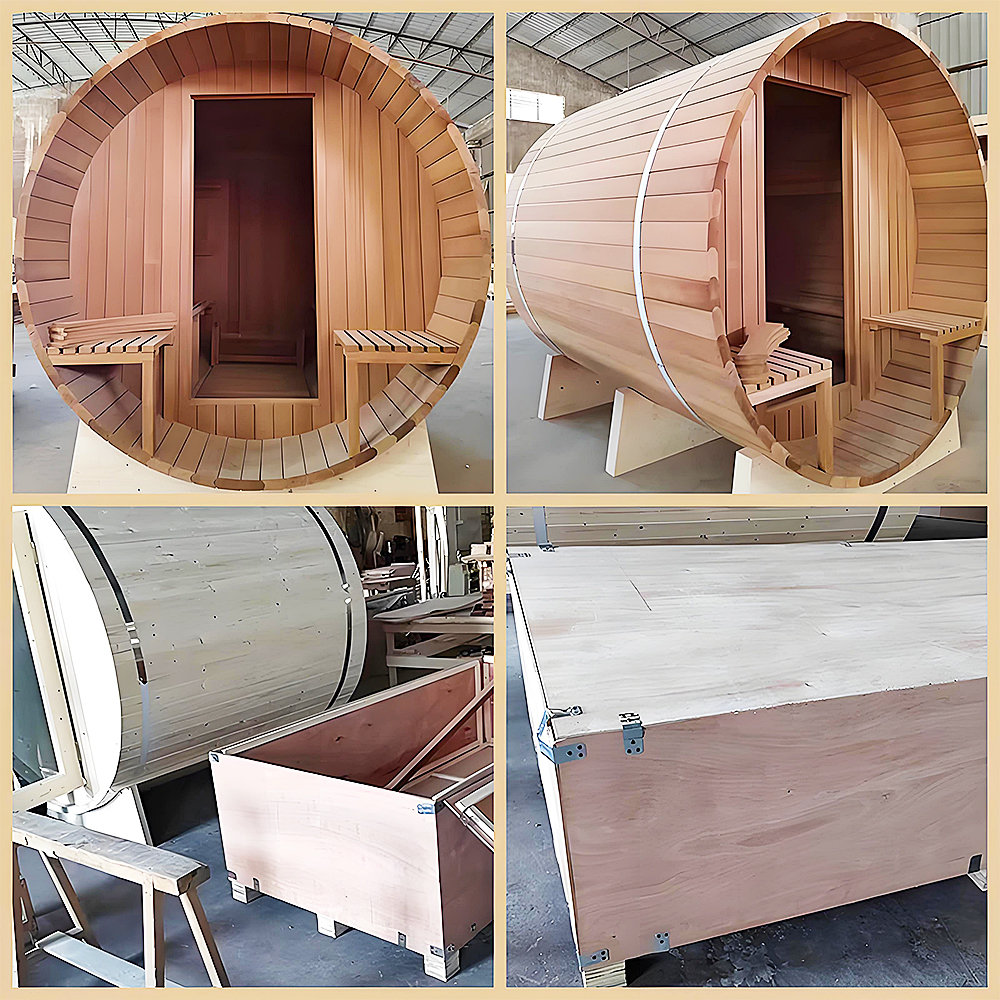 Cedar Barrel Sauna with Porch and Opposing Benches CSA-981 reference view 6
