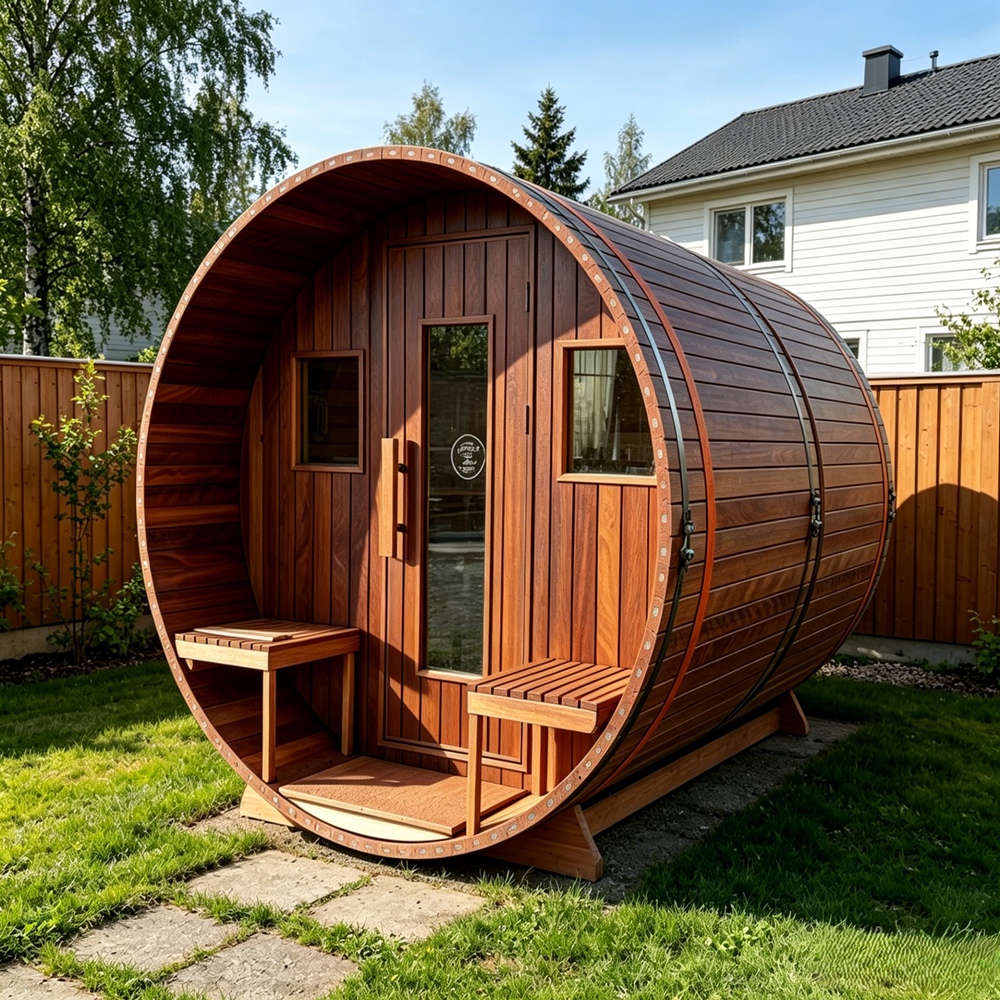 Red Cedar Barrel Sauna with Panoramic Rear Glass product image