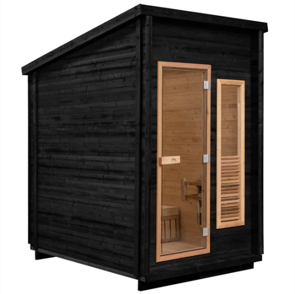 Black Timber Outdoor Sauna with Sloped Roof and Two-Level Bench product image