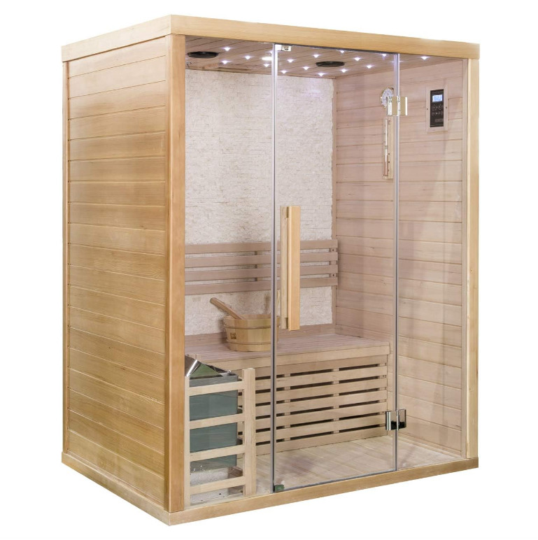 Two-Person Hemlock Glass-Front Sauna with Salt-Stone Wall product image