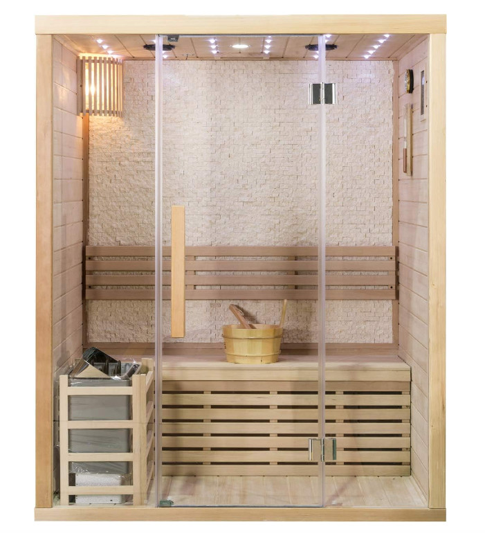 Two-Person Hemlock Glass-Front Sauna with Salt-Stone Wall CSA-994 reference view 2