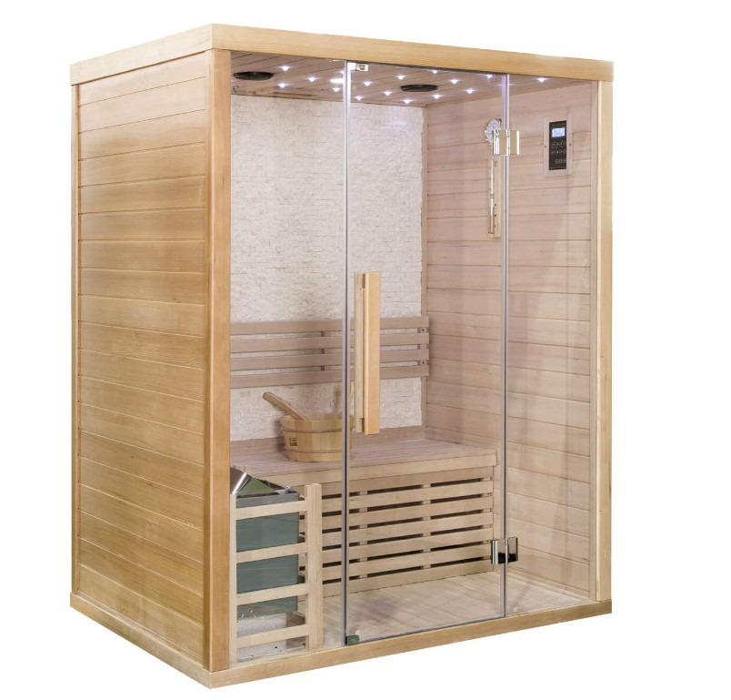Two-Person Hemlock Glass-Front Sauna with Salt-Stone Wall CSA-994 reference view 4