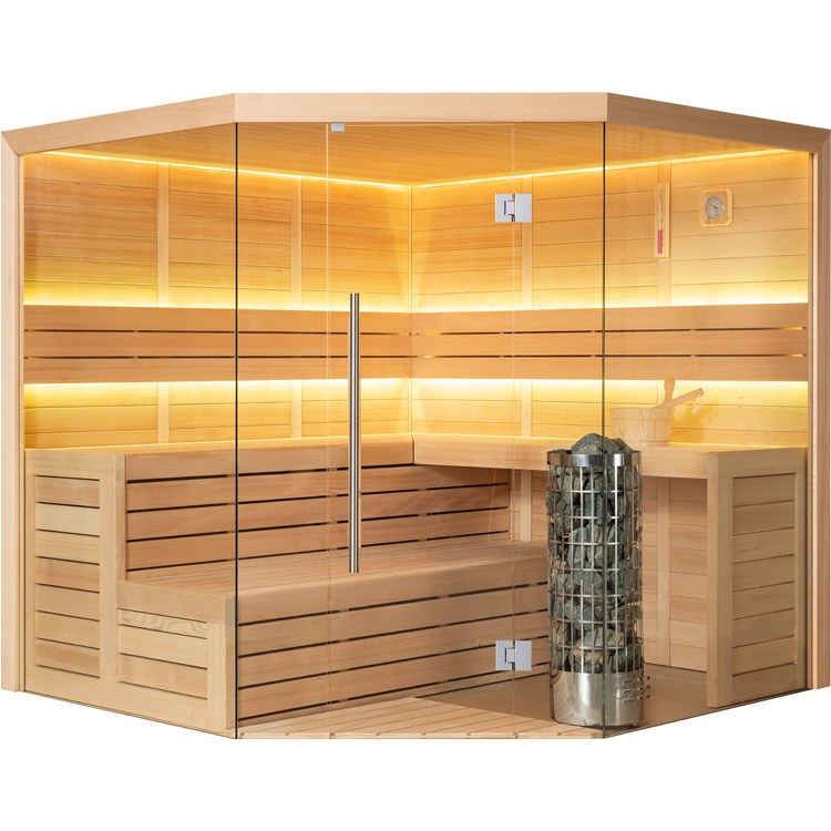 Eight-Person Corner Traditional Sauna with Panoramic Glass and Tiered Benches product image